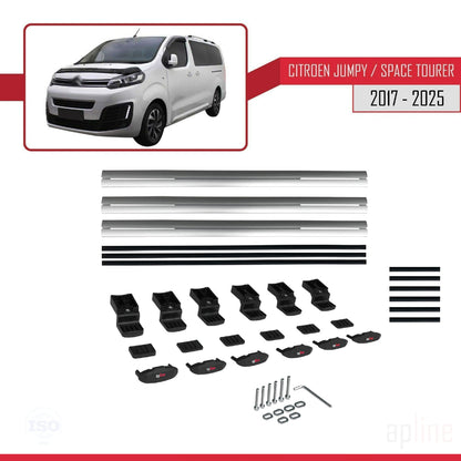 Kompatibel mit Citroen Jumpy 3 (K0) Space Tourer 2017-2025 BASIC Modell Dachgepäckträger, graues Aluminium, 3 Stangen