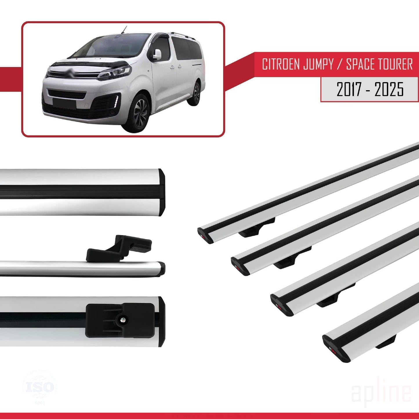Kompatibel mit Citroen Jumpy 3 (K0) Space Tourer 2017-2025 BASIC Modell Dachgepäckträger, graues Aluminium, 4 Stangen