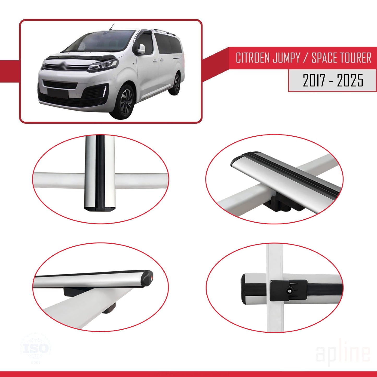 Kompatibel mit Citroen Jumpy 3 (K0) Space Tourer 2017-2025 BASIC Modell Dachgepäckträger, graues Aluminium, 4 Stangen