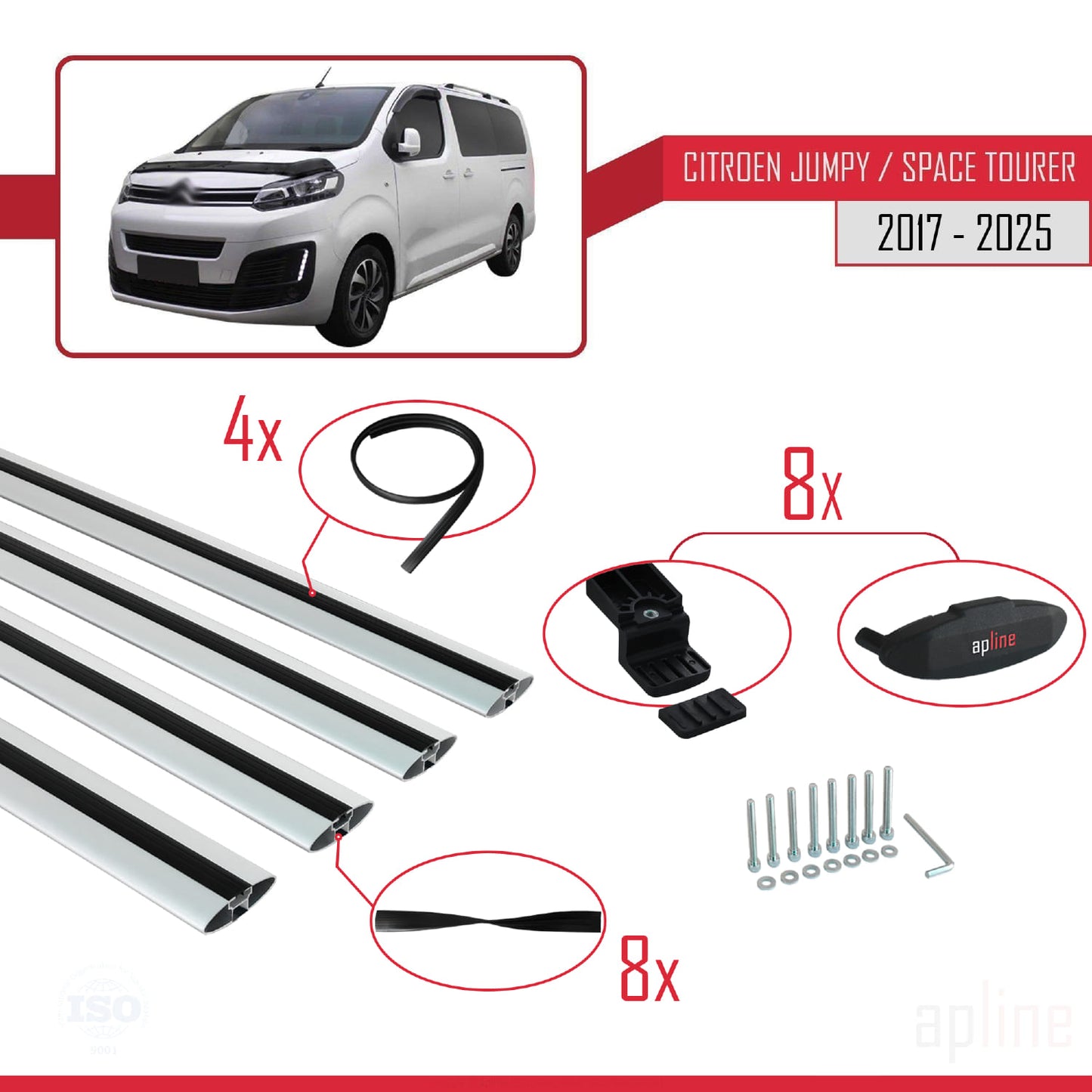 Kompatibel mit Citroen Jumpy 3 (K0) Space Tourer 2017-2025 BASIC Modell Dachgepäckträger, graues Aluminium, 4 Stangen