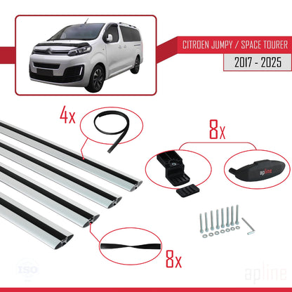 Kompatibel mit Citroen Jumpy 3 (K0) Space Tourer 2017-2025 BASIC Modell Dachgepäckträger, graues Aluminium, 4 Stangen