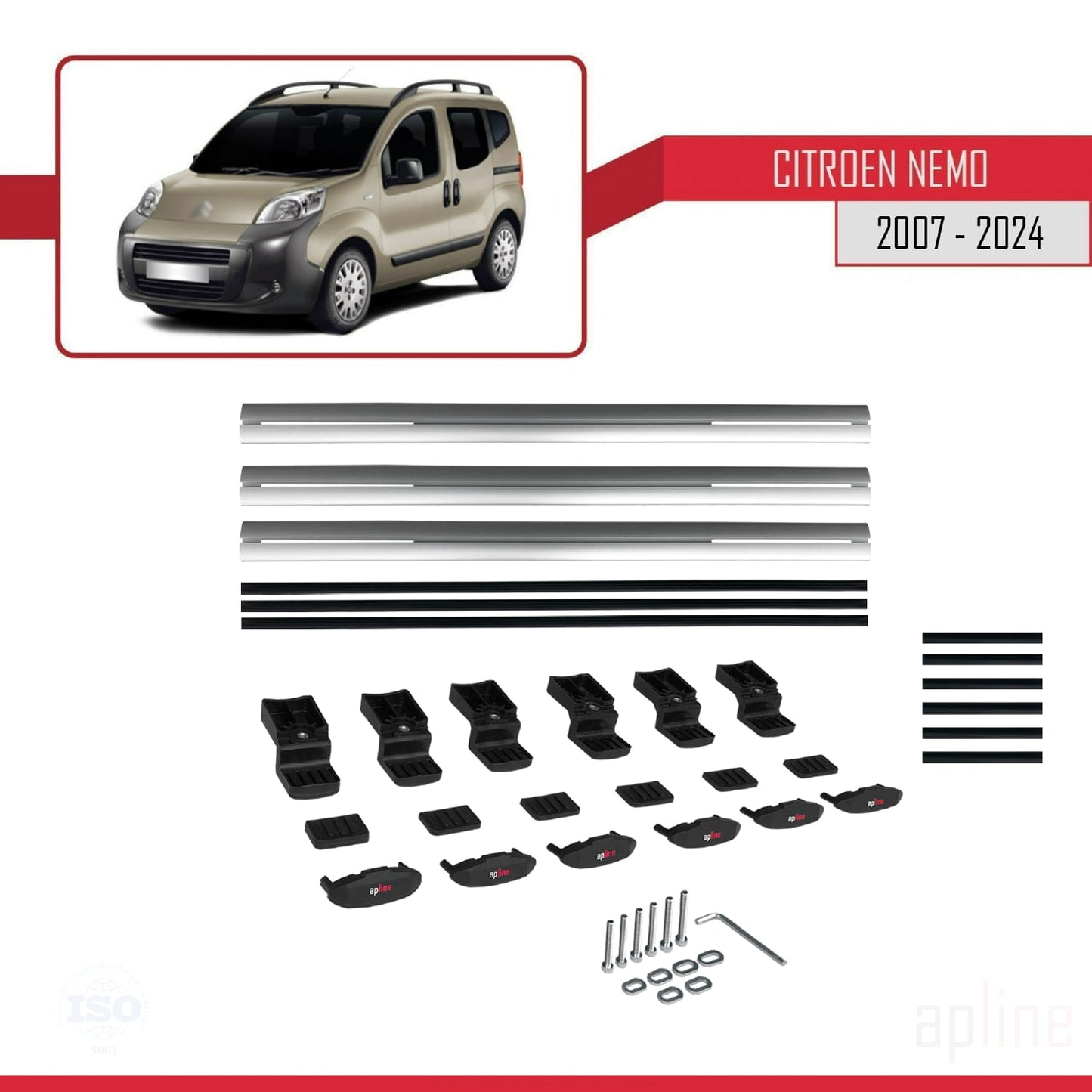 Kompatibel mit Citroen Nemo 3 (225) 2007-2024 Basismodell Dachgepäckträger, graues Aluminium, 3 Stangen