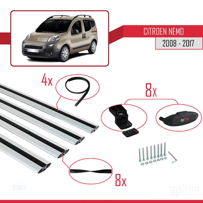 Kompatibel mit Citroen Nemo 3 (225) 2007-2024 Basismodell Dachgepäckträger, graues Aluminium, 4 Stangen