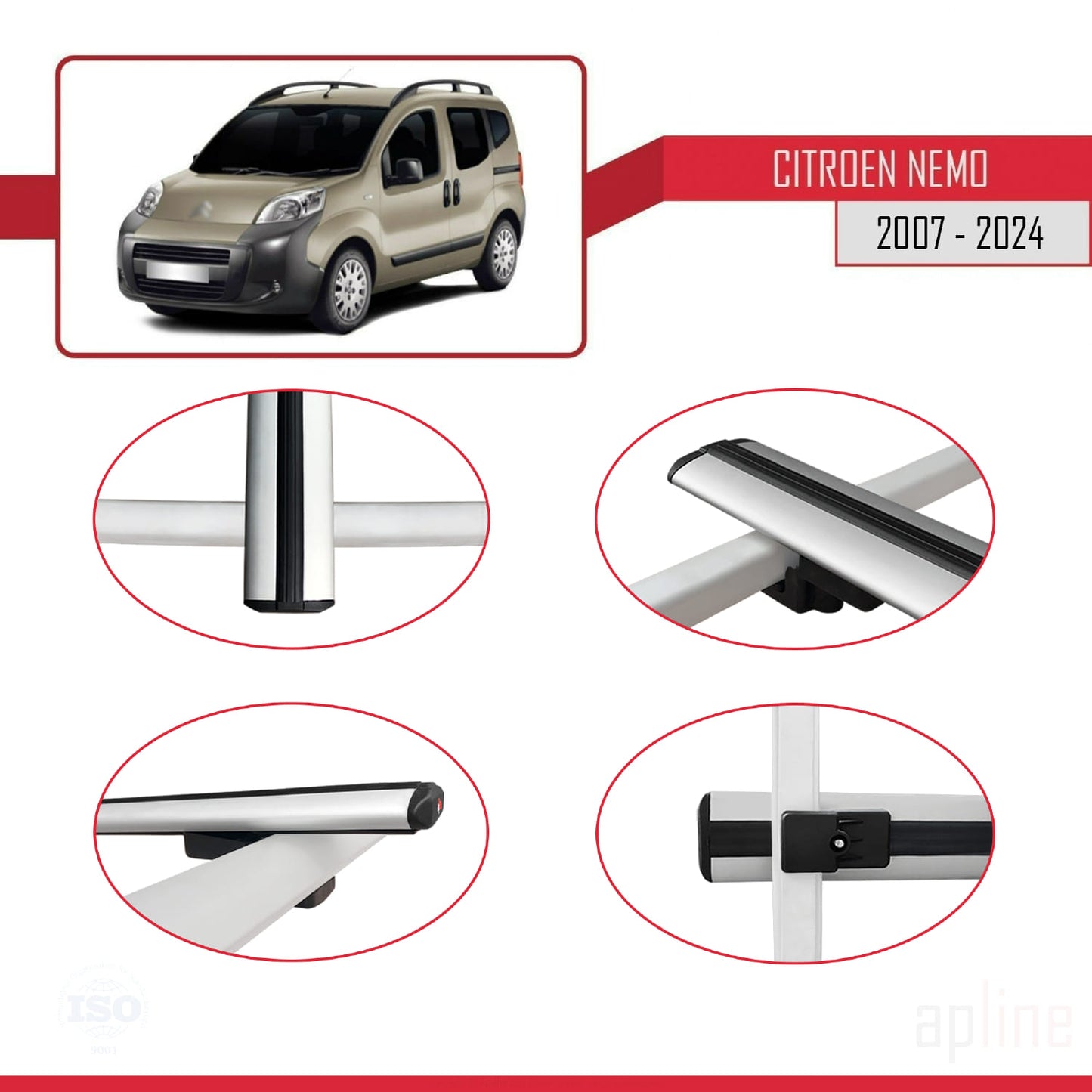 Kompatibel mit Citroen Nemo 3 (225) 2007-2024 Basismodell Dachgepäckträger, graues Aluminium, 2 Stangen