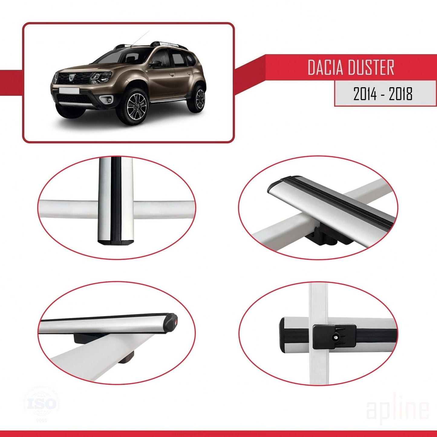 Kompatibel mit Dacia Duster (HS) nach Facelift 2014-2017 Basismodell Dachgepäckträger, graues Aluminium, 3-teilig