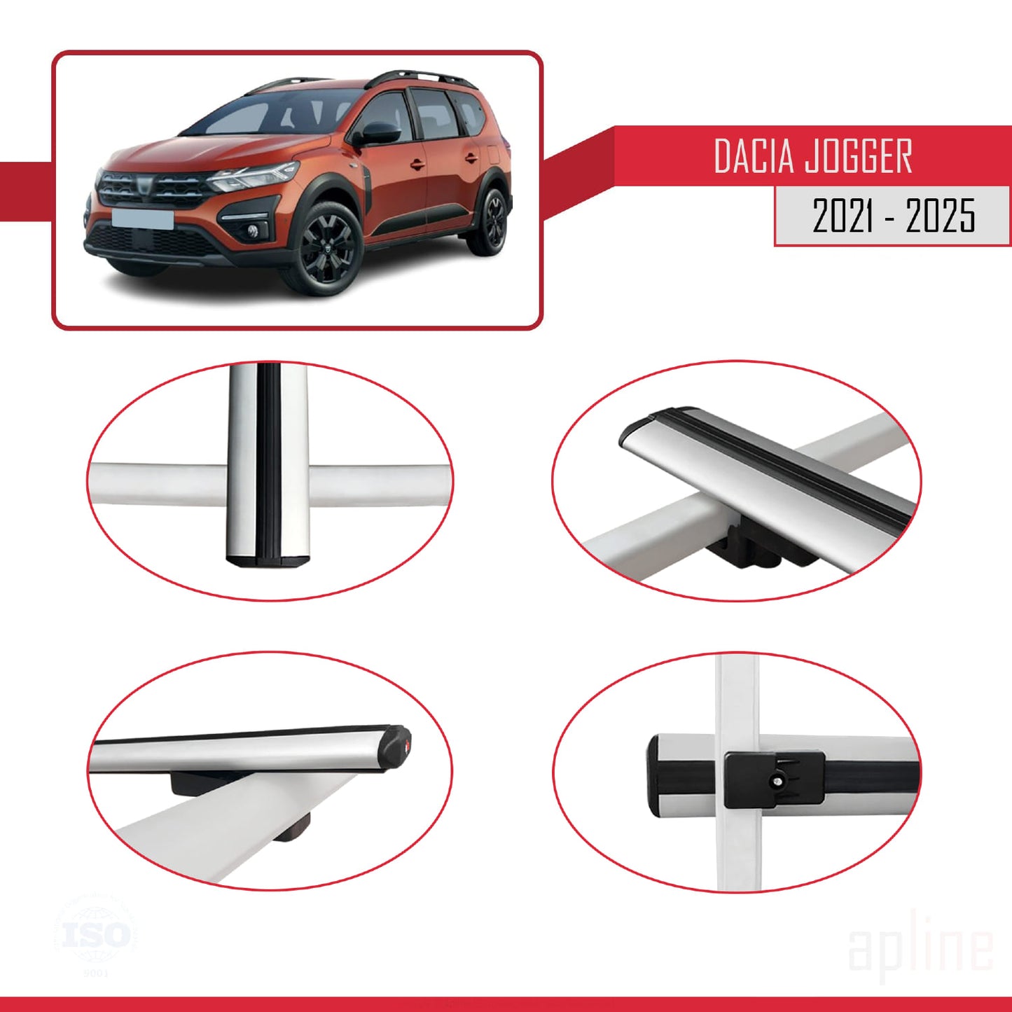 Kompatibel mit Dacia Jogger 2021-2025 Basismodell Dachgepäckträger, graues Aluminium, 3-Stangen
