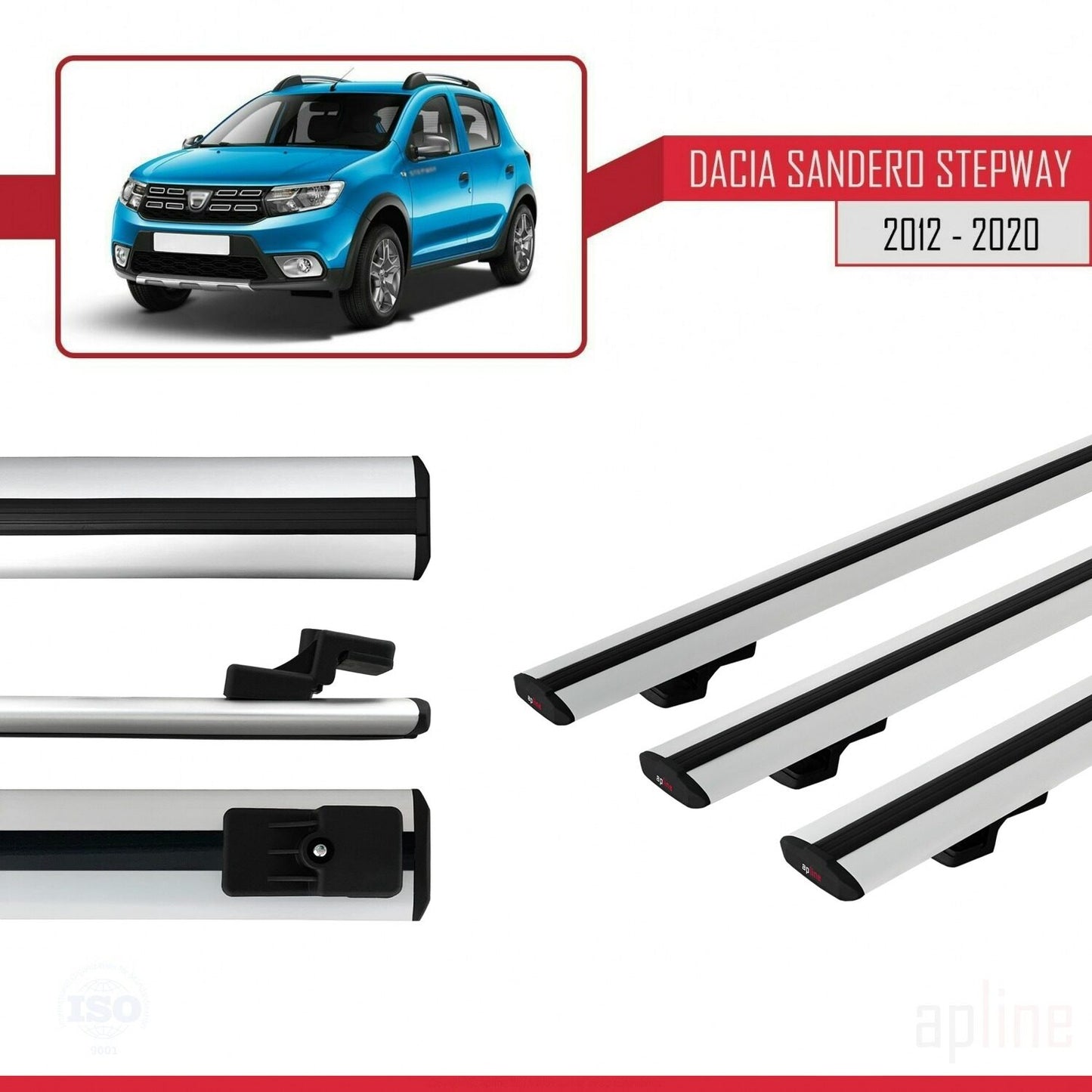 Kompatibel mit Dacia Sandero Stepway 2 2012-2020 Basismodell Dachgepäckträger, graues Aluminium, 3-Stangen