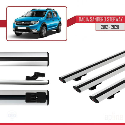 Kompatibel mit Dacia Sandero Stepway 2 2012-2020 Basismodell Dachgepäckträger, graues Aluminium, 3-Stangen