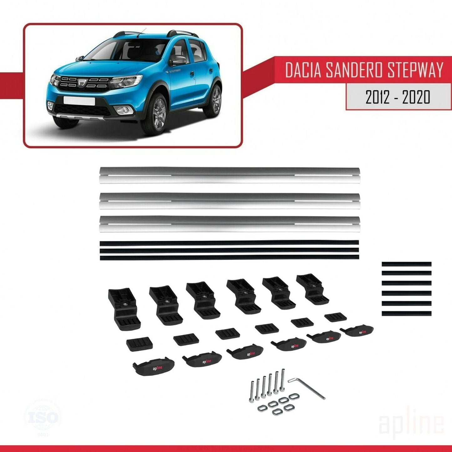 Kompatibel mit Dacia Sandero Stepway 2 2012-2020 Basismodell Dachgepäckträger, graues Aluminium, 3-Stangen