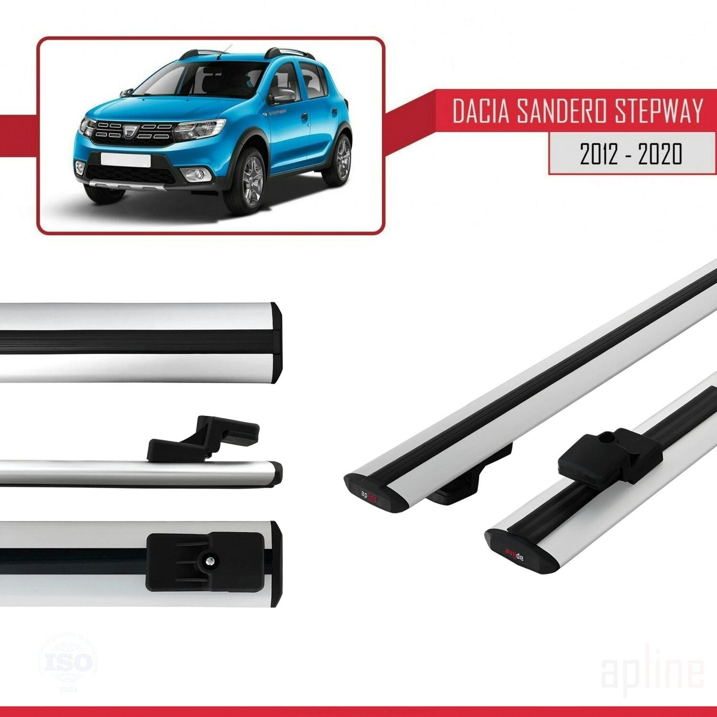 Kompatibel mit Dacia Sandero Stepway 2 2012-2020 Basismodell Dachgepäckträger, graues Aluminium, 2 Stangen