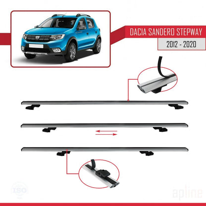 Kompatibel mit Dacia Sandero Stepway 2 2012-2020 Basismodell Dachgepäckträger, graues Aluminium, 2 Stangen