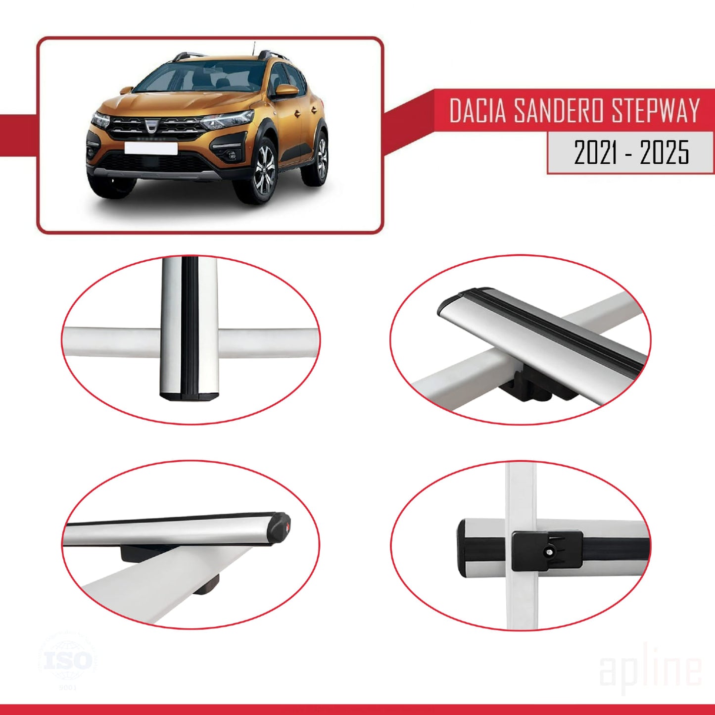 Kompatibel mit Dacia Sandero Stepway 3 2021-2025 Basismodell Dachgepäckträger, Reling, Gepäckträger, graues Aluminium, 3 Stangen