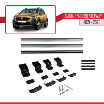 Kompatibel mit Dacia Sandero Stepway 3 2021-2025 Basismodell Dachgepäckträger, graues Aluminium, 2 Stangen