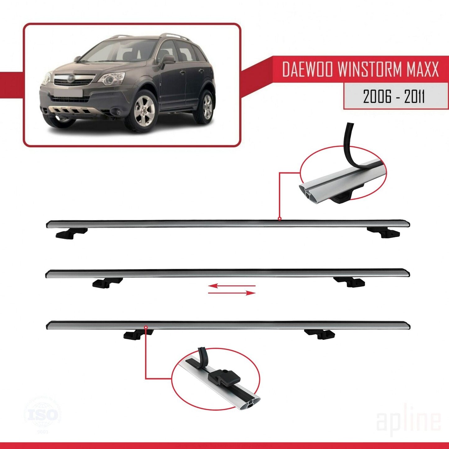 Kompatibel mit Daewoo Winstorm MaXX 2006-2011 BASIC Modell Dachgepäckträger, graues Aluminium, 3 Stangen