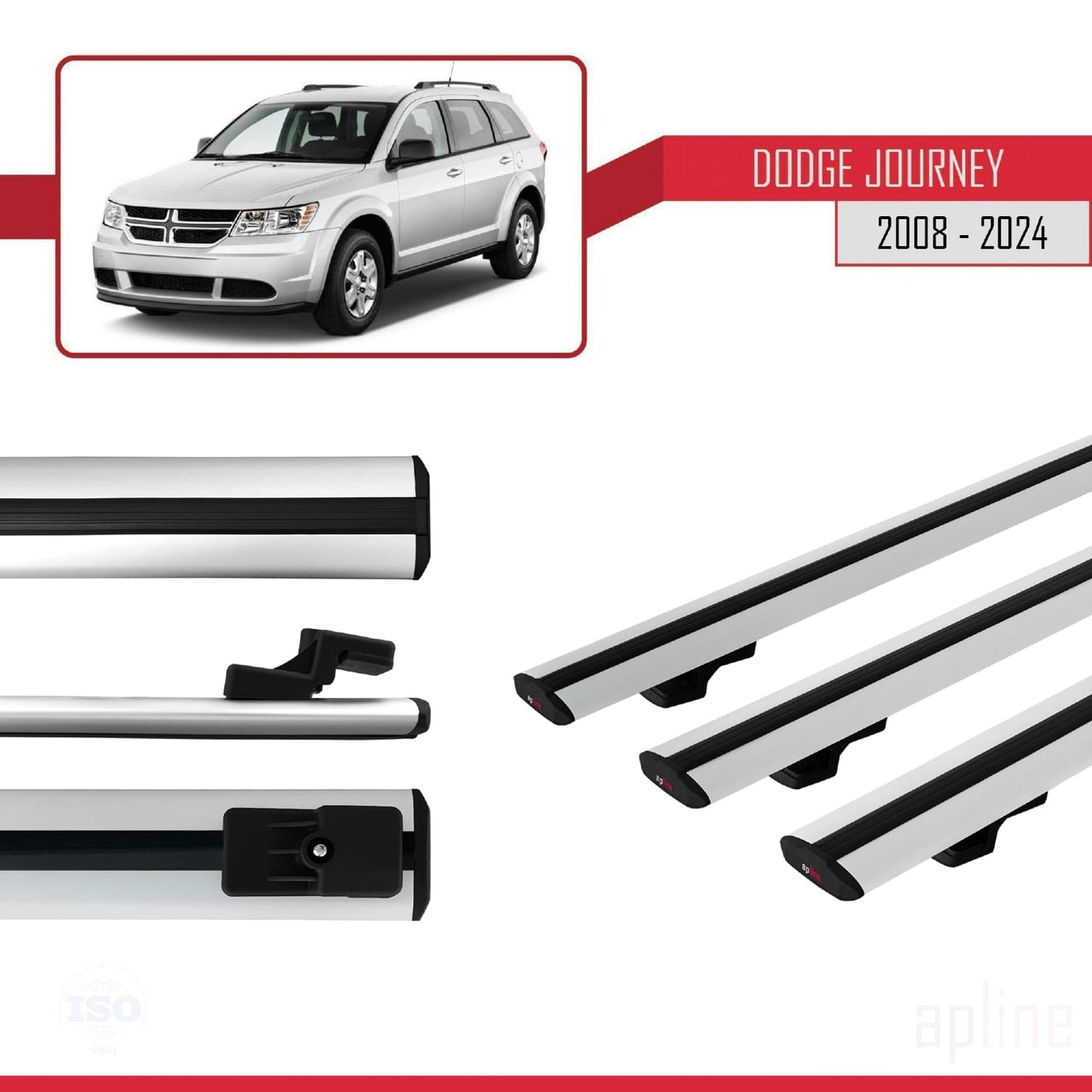 Kompatibel mit Dodge Journey 2008-2024 Basismodell Dachreling Gepäckträger Grau Aluminium 3 Stangen