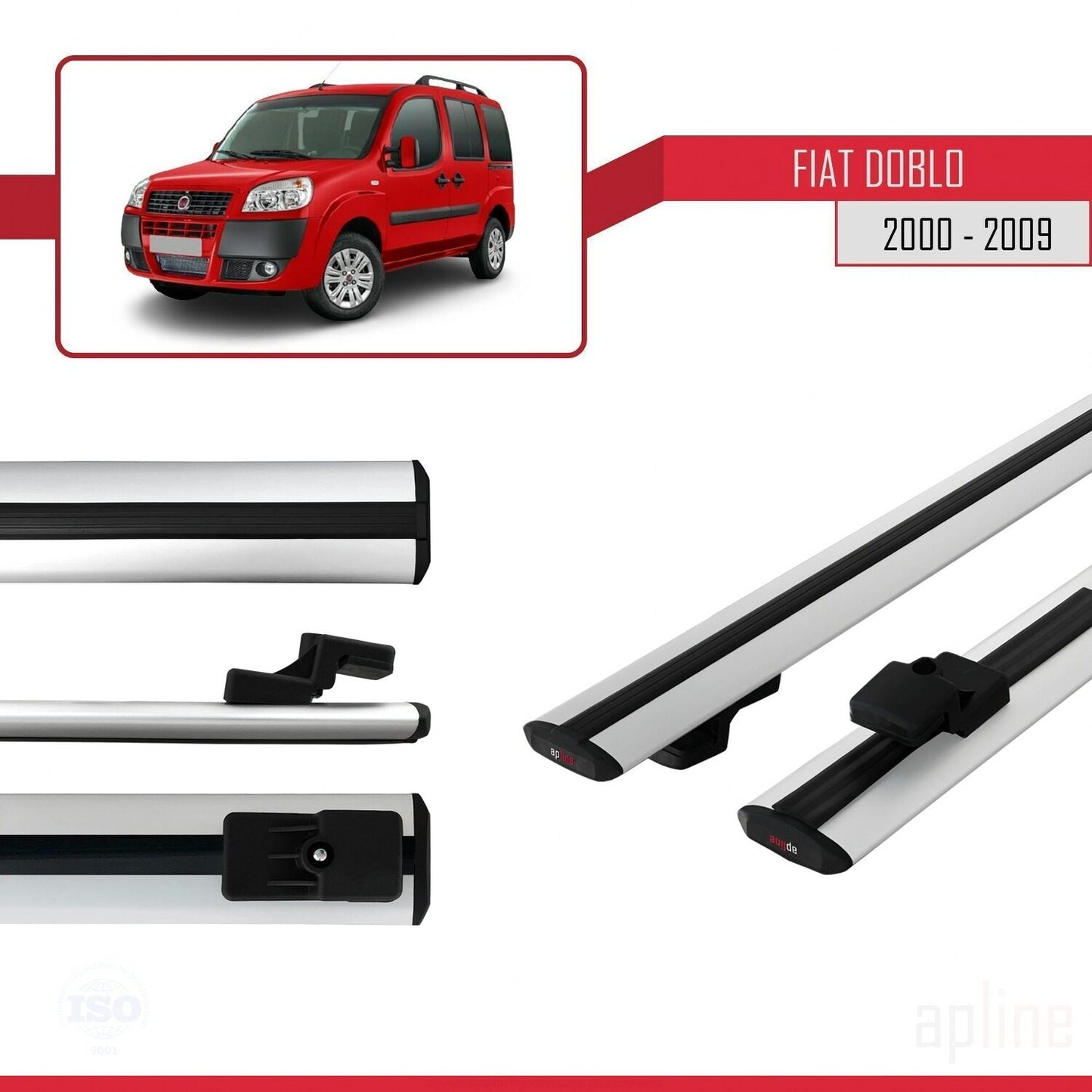 Kompatibel mit Fiat Doblo 2000-2009 Basismodell Dachgepäckträger, graues Aluminium, 2 Stangen
