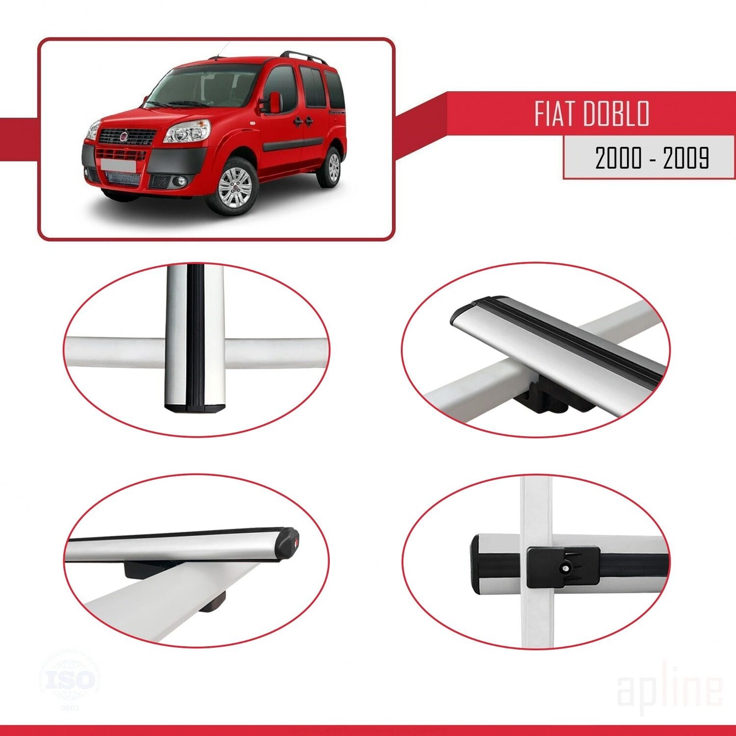 Kompatibel mit Fiat Doblo 2000-2009 Basismodell Dachgepäckträger, graues Aluminium, 2 Stangen