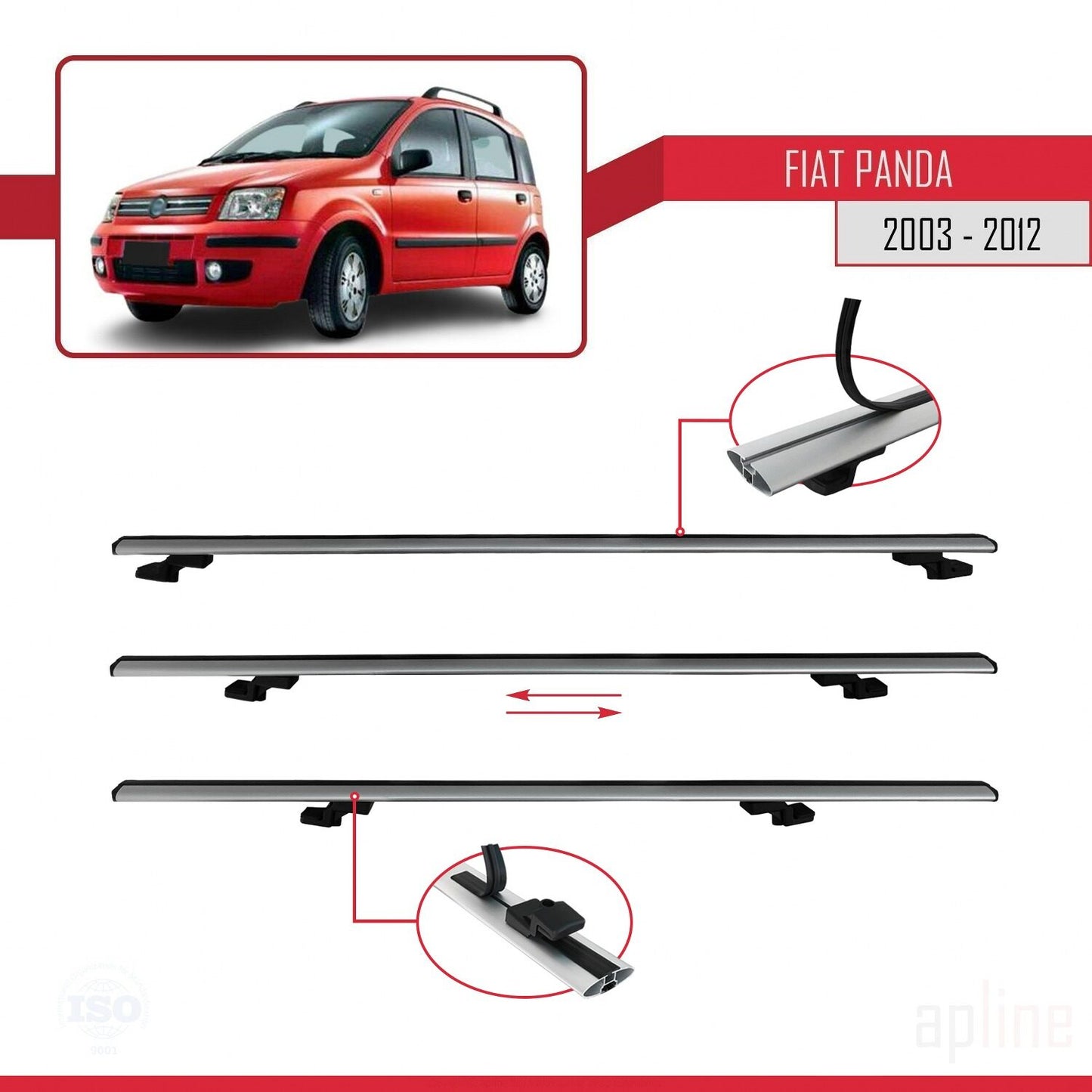 Compatible avec Fiat Panda 2 (169) 2003-2012 BASIC Model Barres de Toit Railing Porte-Bagages de Voiture Gris Aluminium 3 Barres