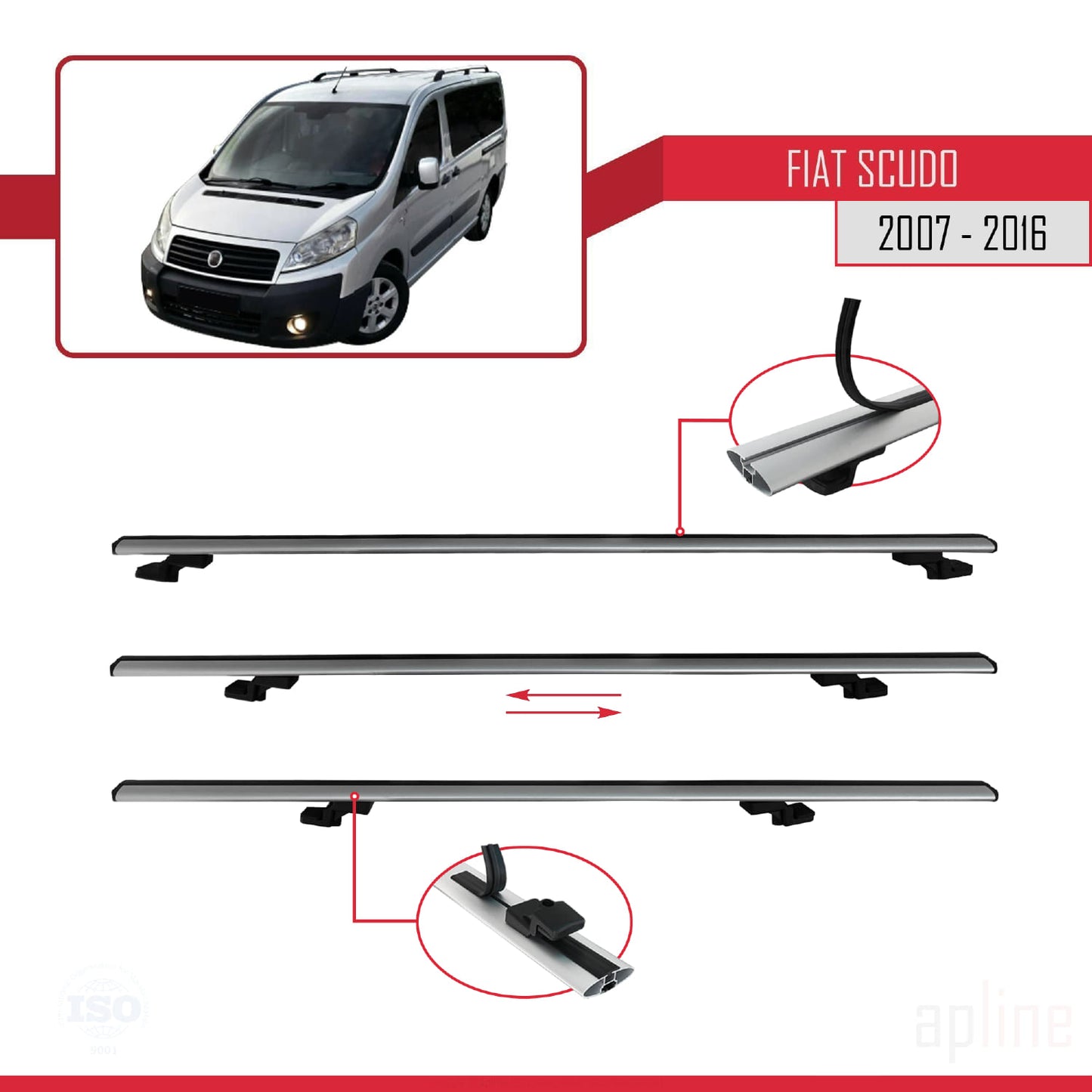 Compatible avec Fiat Scudo 2 2007-2016 BASIC Model Barres de Toit Railing Porte-Bagages de Voiture Gris Aluminium 4 Barres
