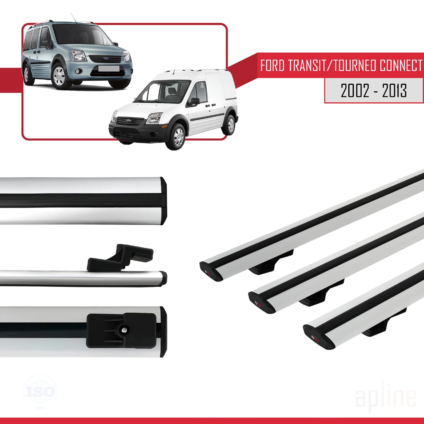Kompatibel mit Ford Transit/Tourneo Connect 2002-2013 BASIC Model Relingträger Dachträger Auto Gepäckträger Grau Aluminium 3 Stangen
