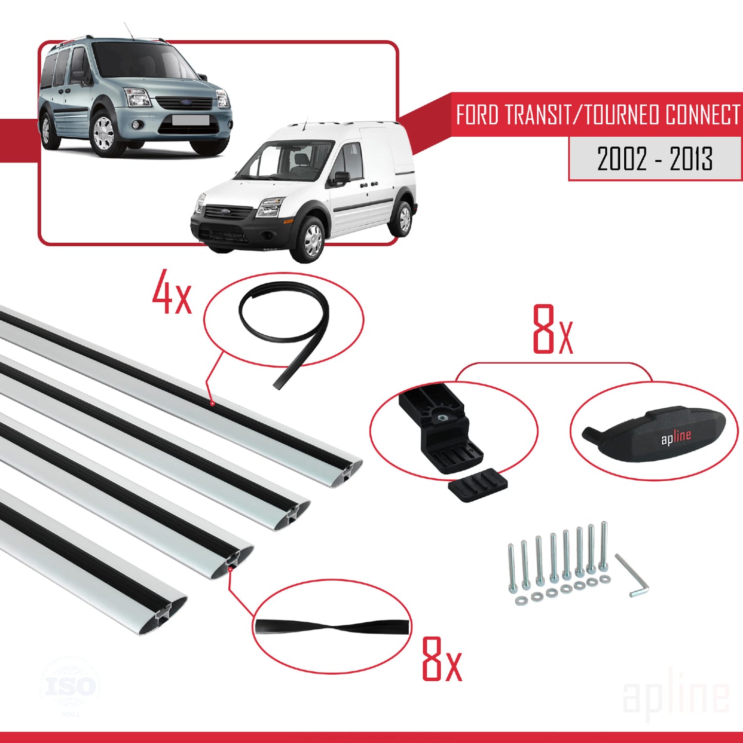 Kompatibel mit Ford Transit/Tourneo Connect 2002-2013 BASIC Model Relingträger Dachträger Auto Gepäckträger Grau Aluminium 4 Stangen