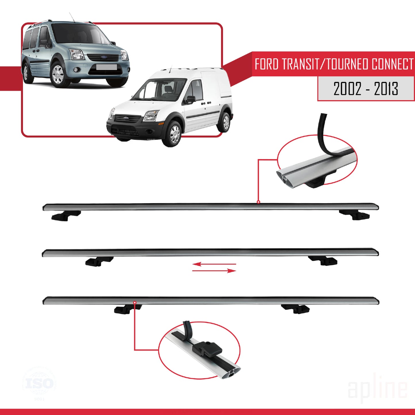 Kompatibel mit Ford Transit/Tourneo Connect 2002-2013 BASIC Model Relingträger Dachträger Auto Gepäckträger Grau Aluminium 2 Stangen
