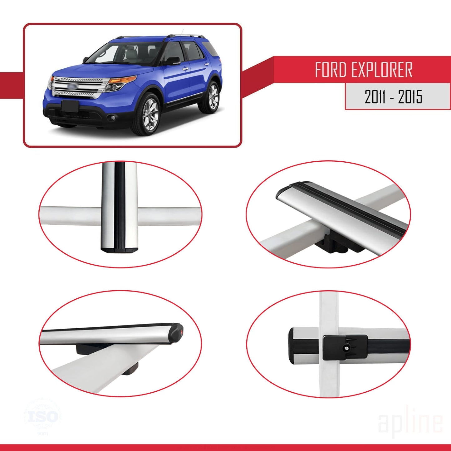 Kompatibel mit Ford Explorer 5 (U502) Vor-Facelift 2011-2015 Basismodell Dachgepäckträger, graues Aluminium, 4 Stangen