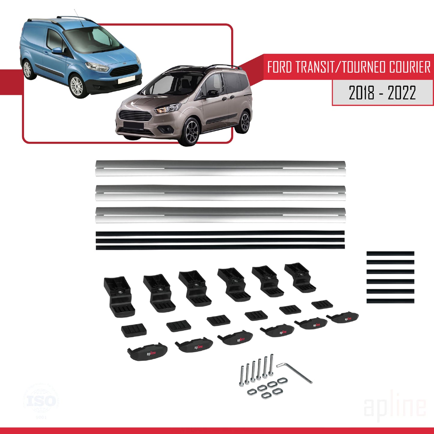 Kompatibel mit Ford Transit/Tourneo Courier Post-Facelift 2018-2022 BASIC Model Relingträger Dachträger Auto Gepäckträger Grau Aluminium 3 Stangen