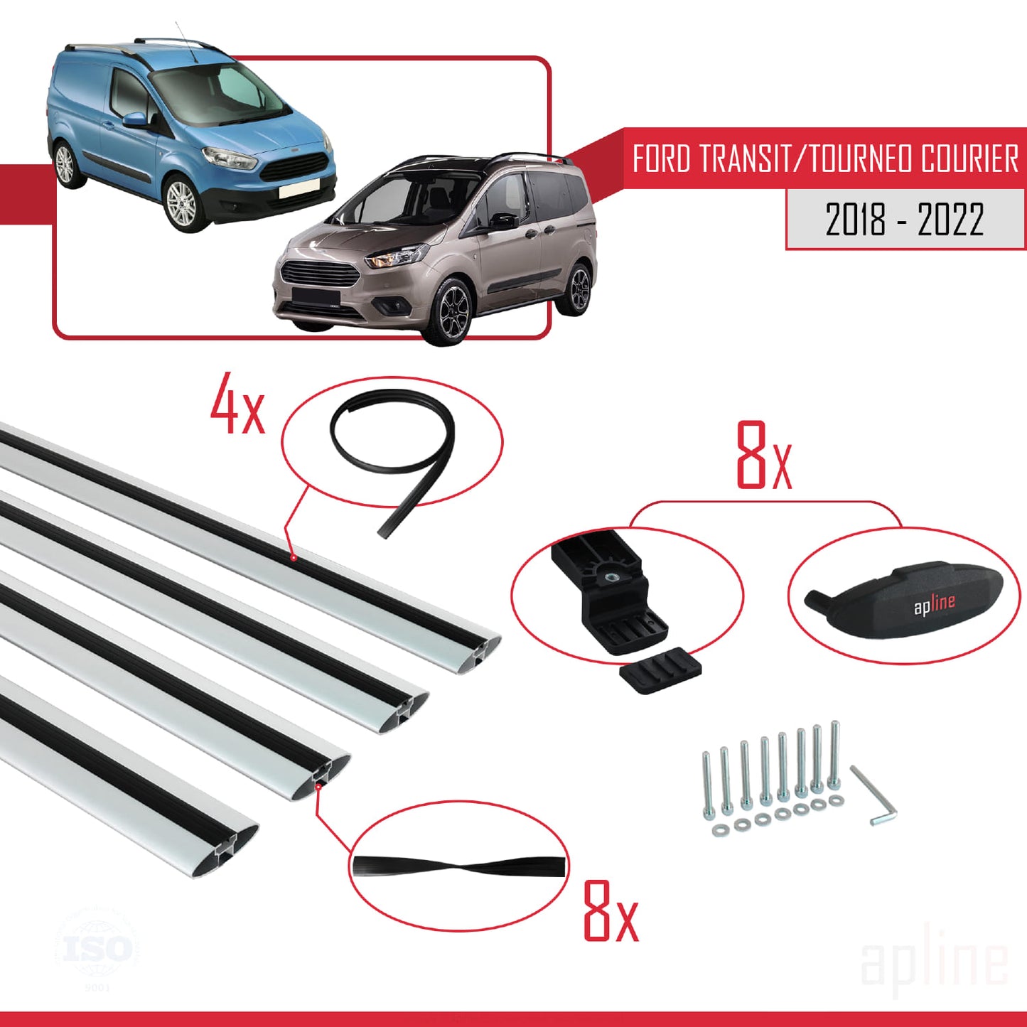 Kompatibel mit Ford Transit/Tourneo Courier nach Facelift 2018-2022 Basismodell Dachgepäckträger, graues Aluminium, 4 Stangen
