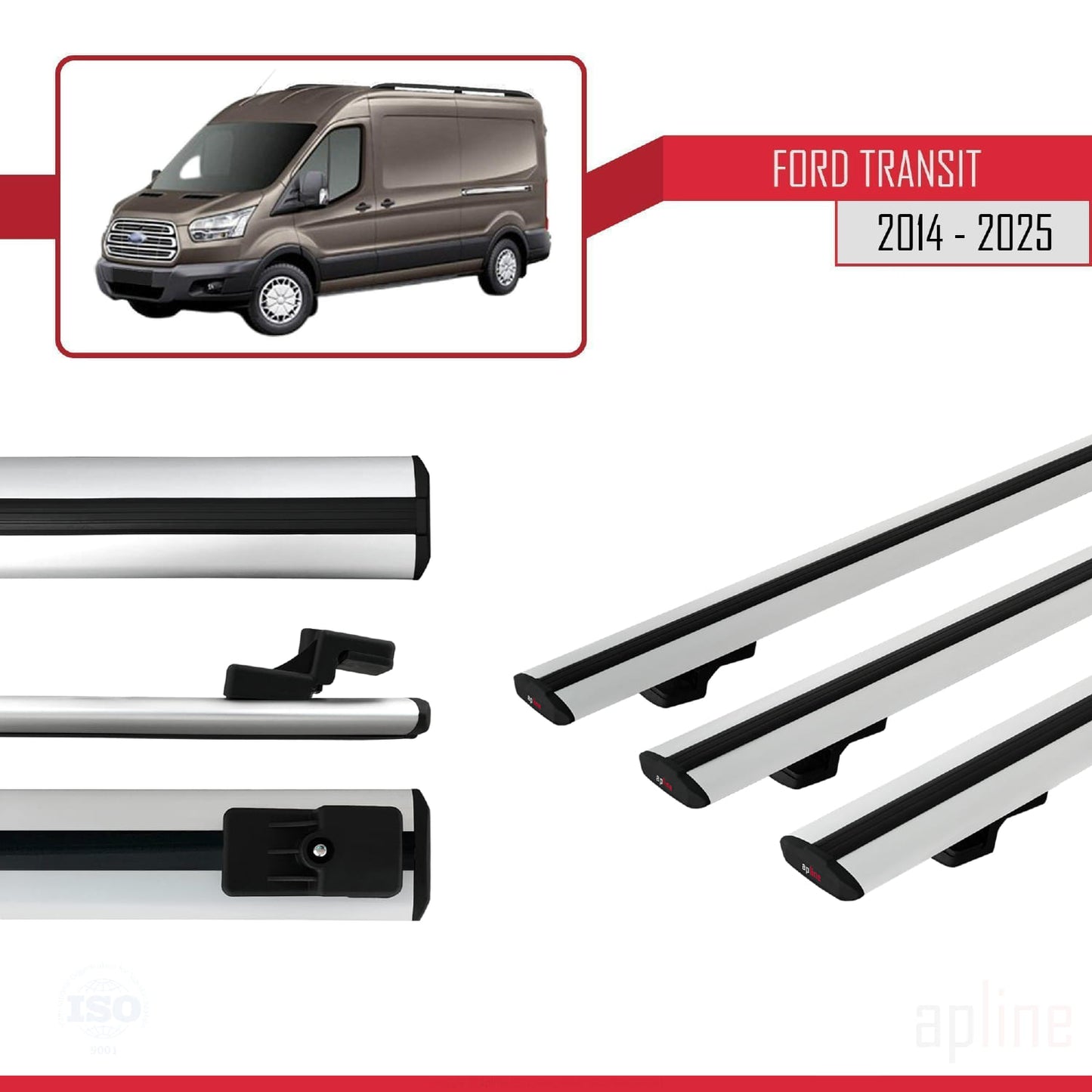 Kompatibel mit Ford Transit 2014-2025 BASIC Modell Dachgepäckträger, graues Aluminium, 3 Stangen