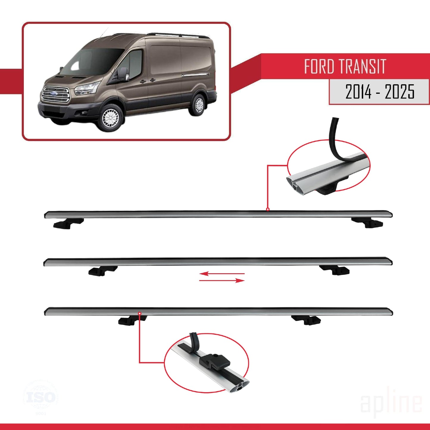 Kompatibel mit Ford Transit 2014-2025 BASIC Modell Dachgepäckträger, graues Aluminium, 3 Stangen