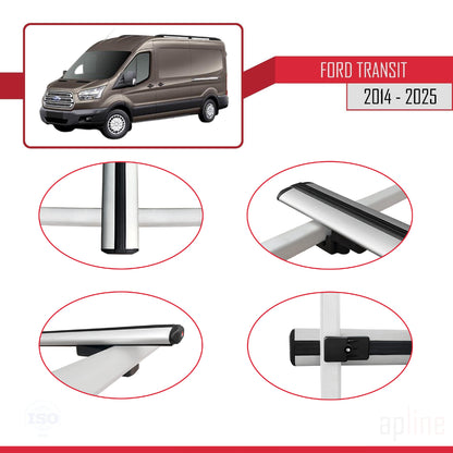 Kompatibel mit Ford Transit 2014-2025 BASIC Modell Dachgepäckträger, graues Aluminium, 4 Stangen
