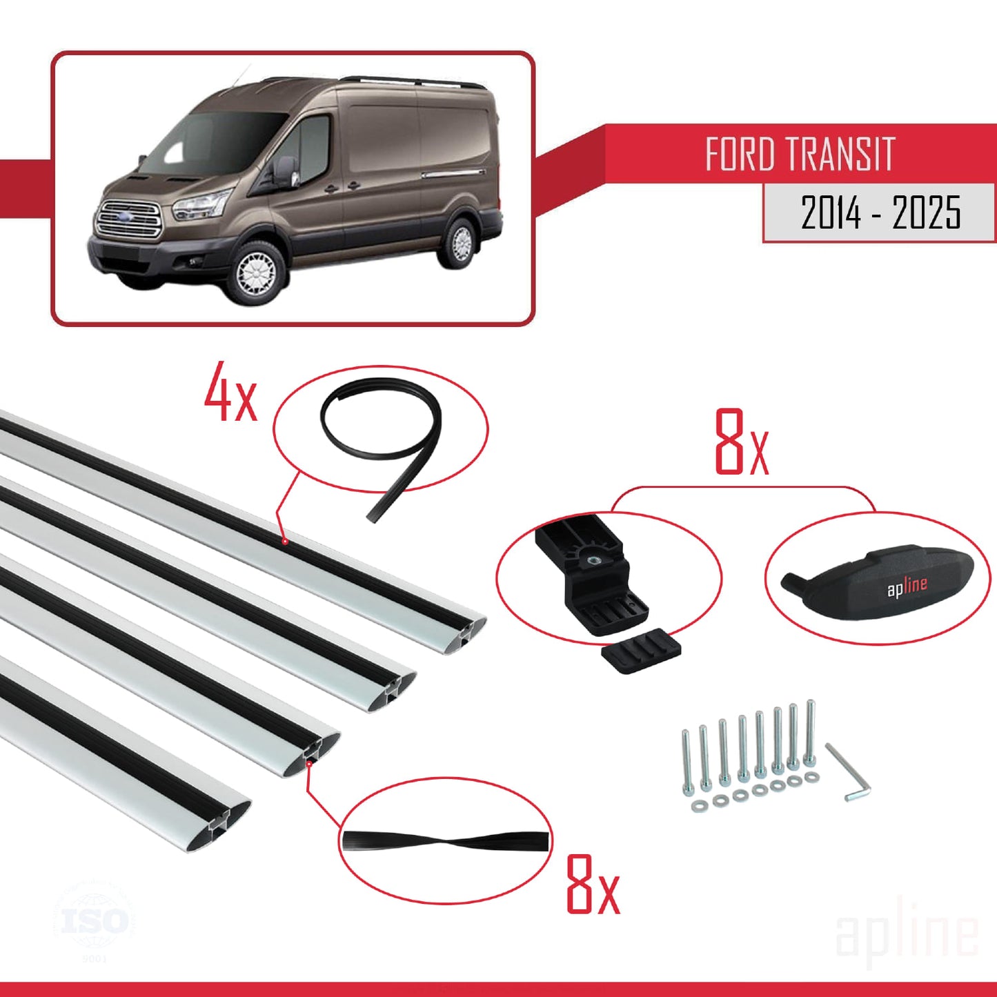 Kompatibel mit Ford Transit 2014-2025 BASIC Modell Dachgepäckträger, graues Aluminium, 4 Stangen