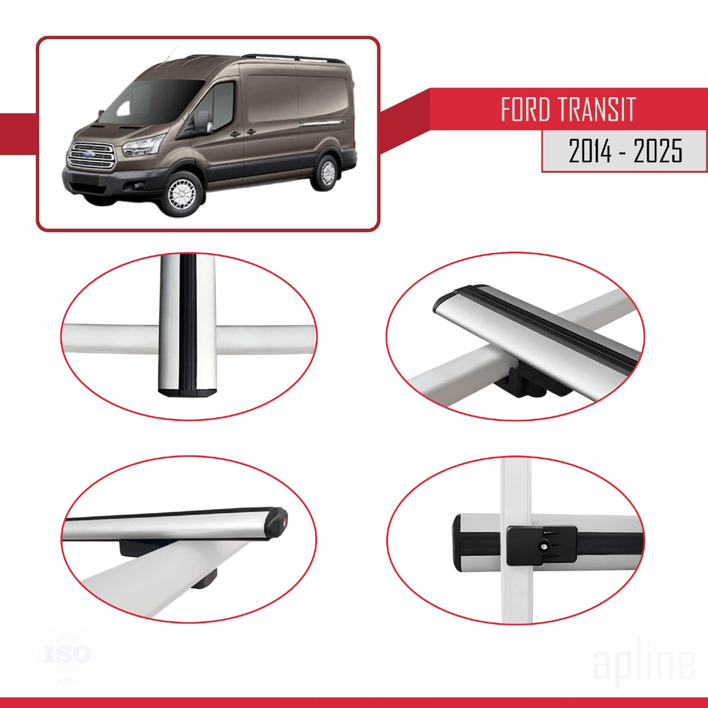 Kompatibel mit Ford Transit 2014-2025 BASIC Modell Dachgepäckträger, graues Aluminium, 2 Stangen