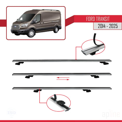Kompatibel mit Ford Transit 2014-2025 BASIC Modell Dachgepäckträger, graues Aluminium, 2 Stangen