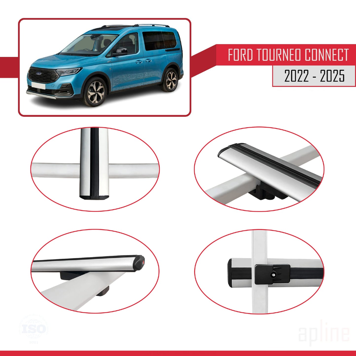 Compatible with Ford Transit/Tourneo Connect 3 2022-2025 BASIC Model Car Roof Rack Cross Bar Grey Aluminium 3 Bars
