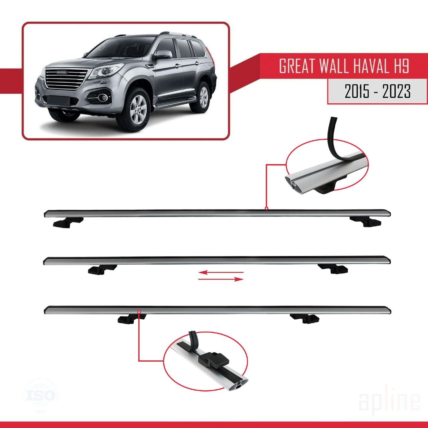 Compatible avec Great Wall Haval H9 2015-2023 BASIC Model Barres de Toit Railing Porte-Bagages de Voiture Gris Aluminium 2 Barres