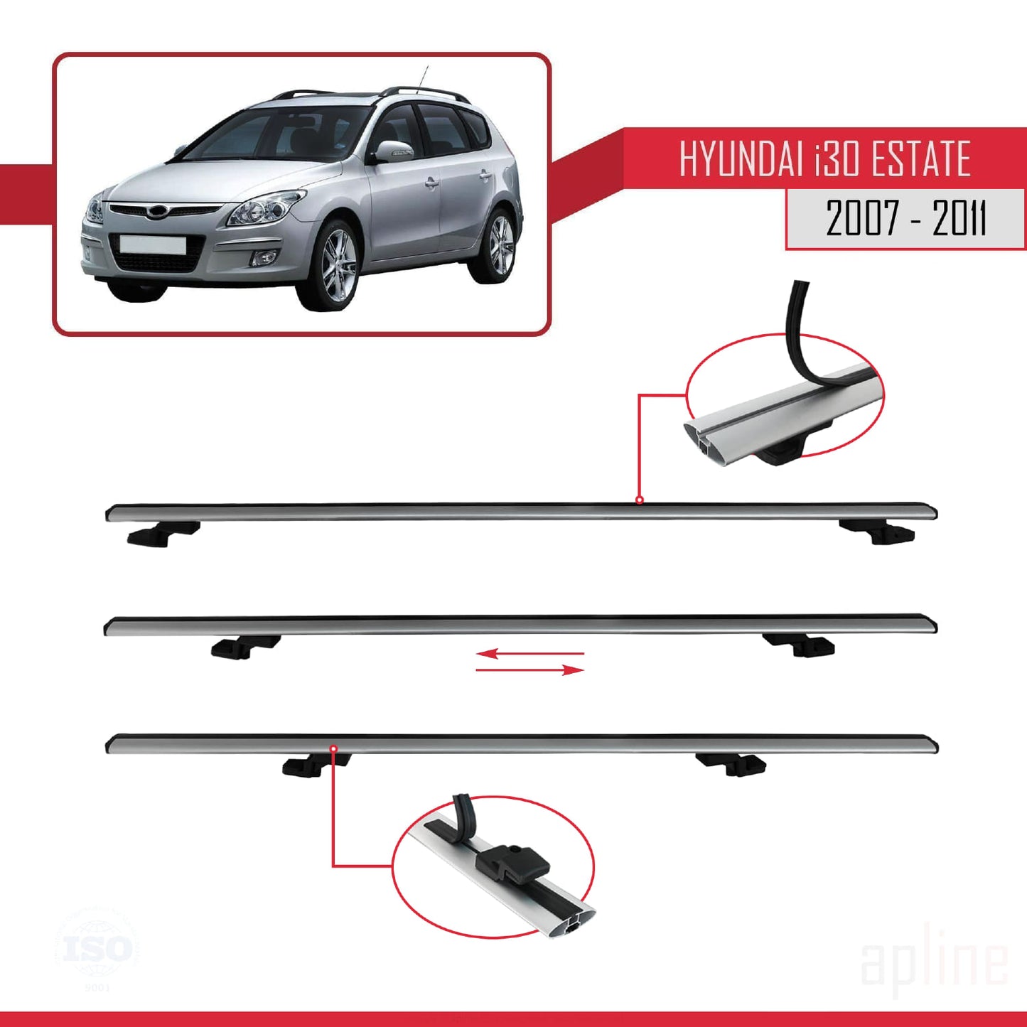 Compatible avec Hyundai i30 (FD) Break 2007-2011 BASIC Model Barres de Toit Railing Porte-Bagages de Voiture Gris Aluminium 3 Barres