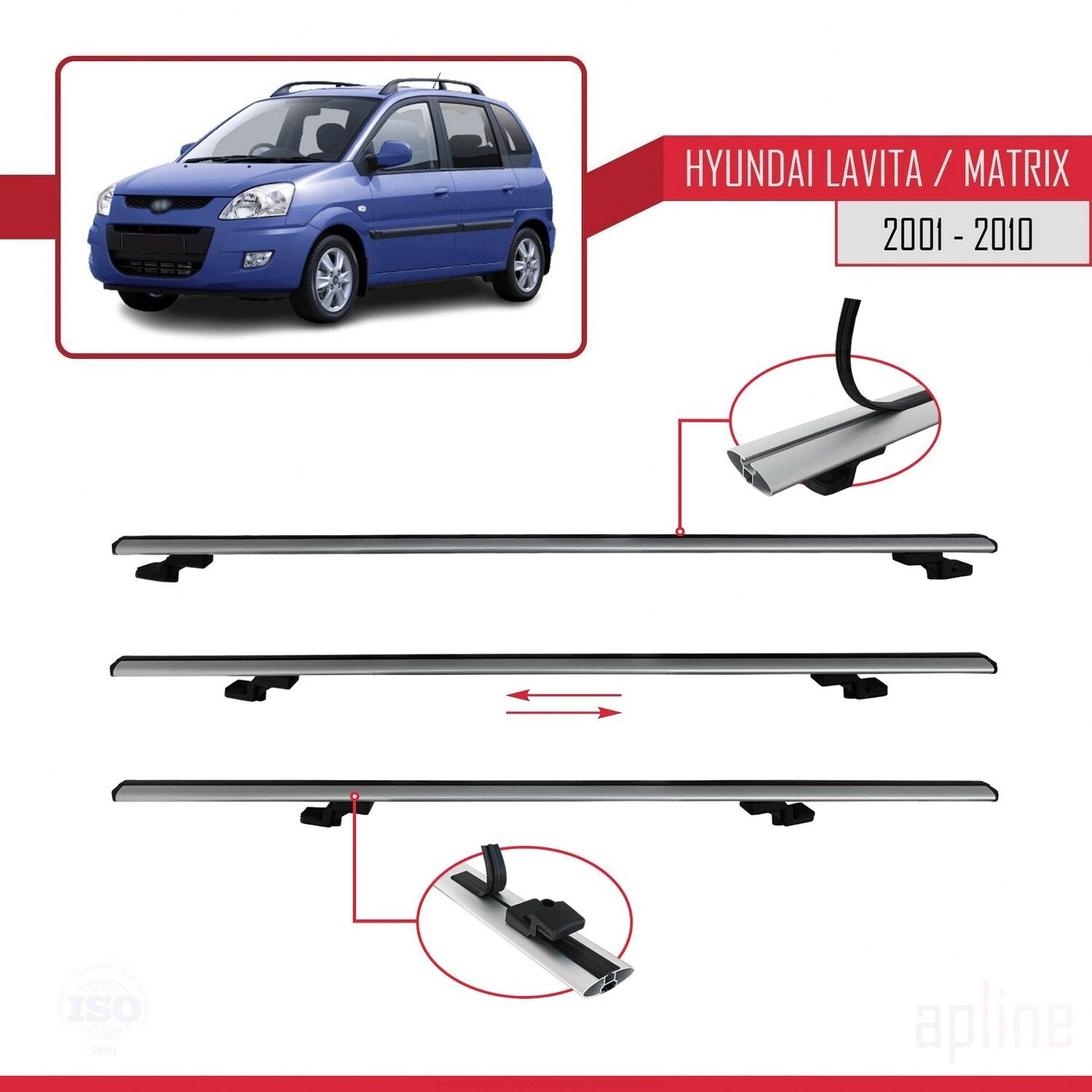 Compatible avec Hyundai Matrix (FC) 2001-2010 BASIC Model Barres de Toit Railing Porte-Bagages de Voiture Gris Aluminium 2 Barres