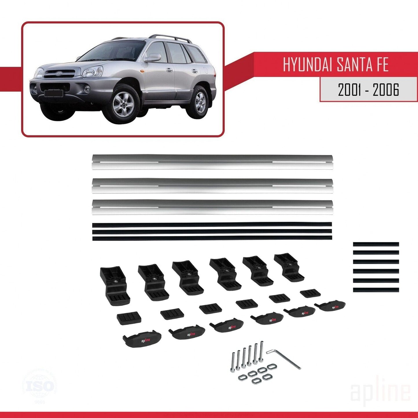 Compatible avec Hyundai Santa Fe (SM) 2001-2006 BASIC Model Barres de Toit Railing Porte-Bagages de Voiture Gris Aluminium 3 Barres