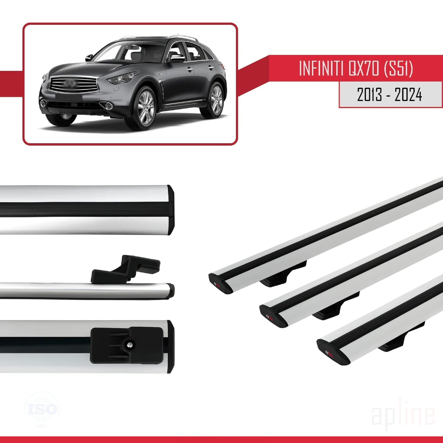 Compatible avec Infiniti QX70 (S51) 2013-2017 BASIC Model Barres de Toit Railing Porte-Bagages de Voiture Gris Aluminium 3 Barres