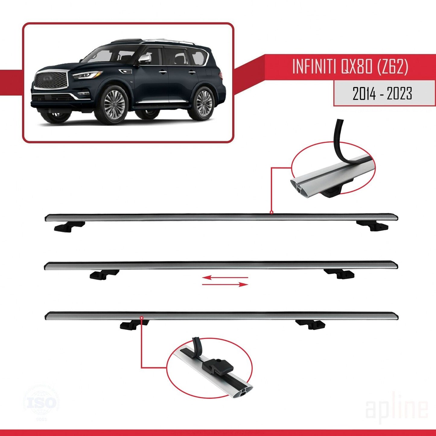 Compatible avec Infiniti QX80 (Z62) 2014-2023 BASIC Model Barres de Toit Railing Porte-Bagages de Voiture Gris Aluminium 2 Barres