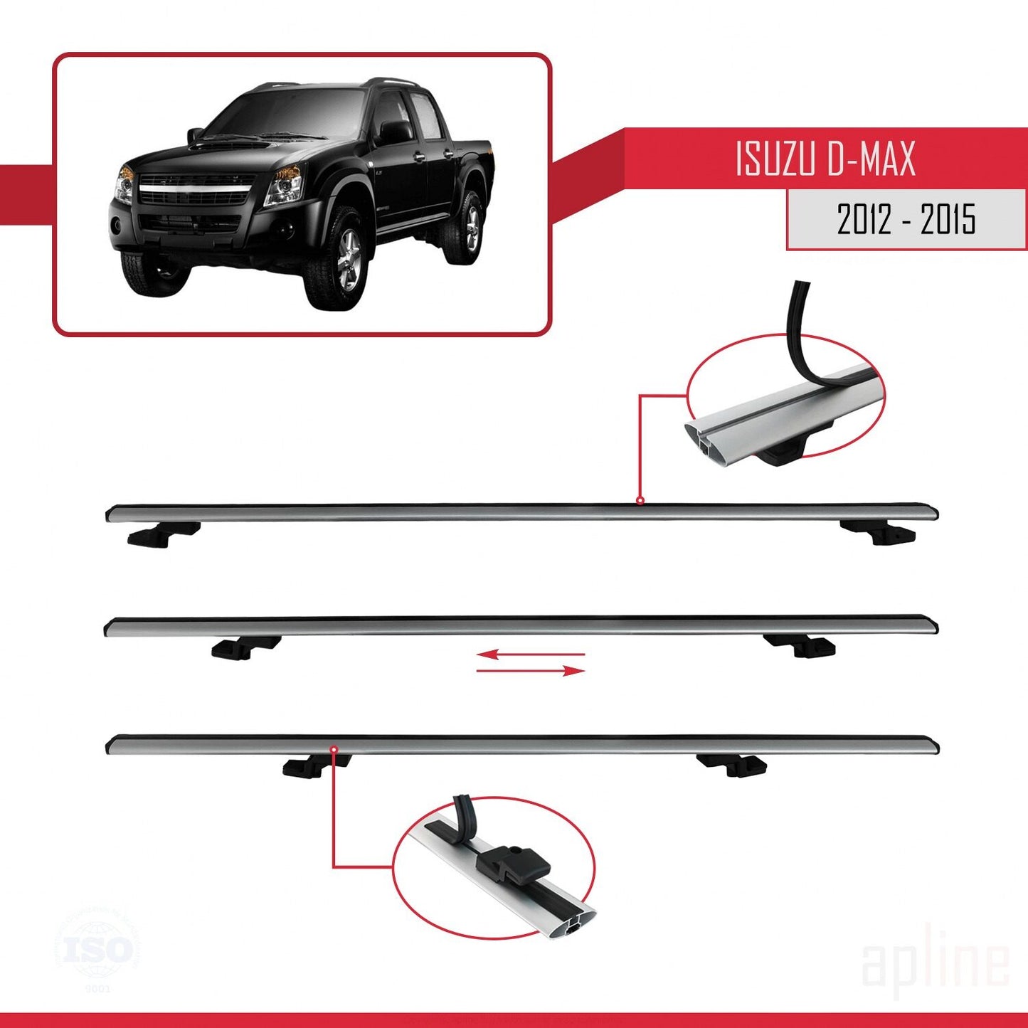 Compatible avec Isuzu D-Max 2 (RT50) Pre-Facelift 2012-2015 BASIC Model Barres de Toit Railing Porte-Bagages de Voiture Gris Aluminium 3 Barres