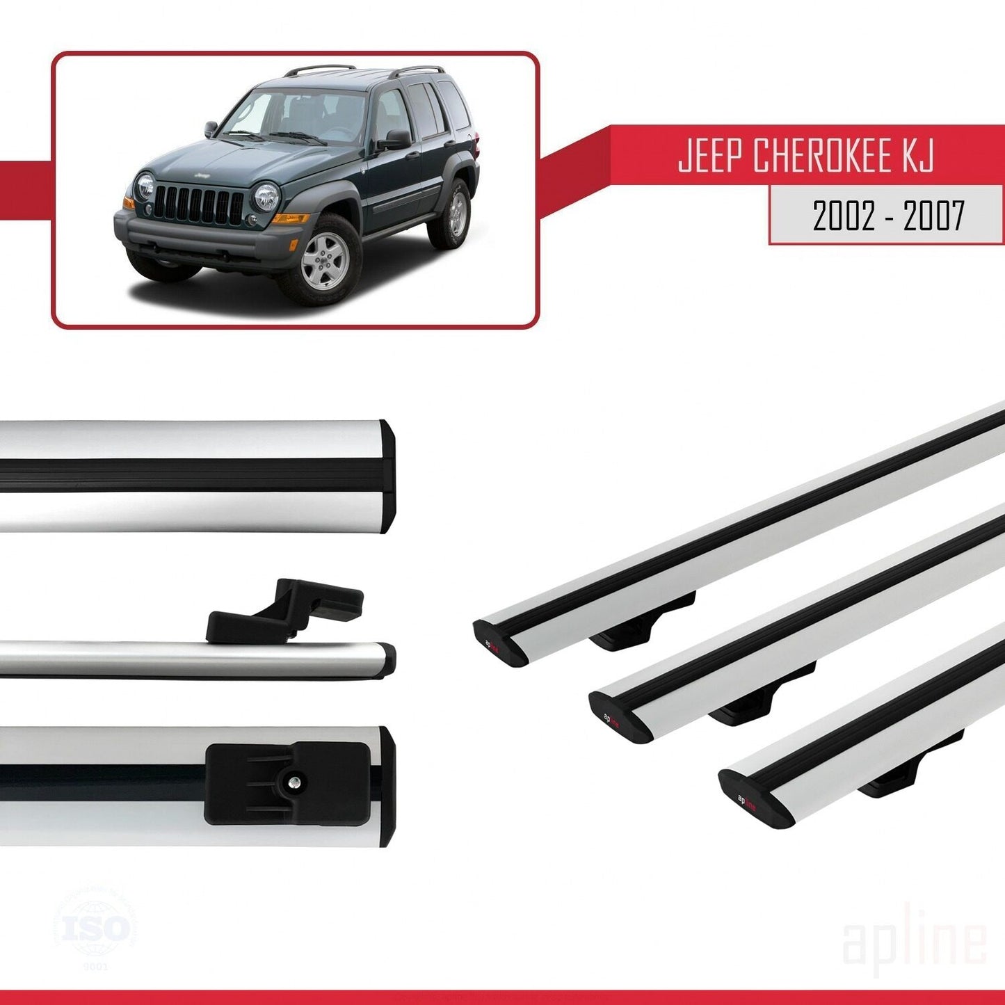 Compatible avec Jeep Cherokee 3 (KJ) 2002-2007 BASIC Model Barres de Toit Railing Porte-Bagages de Voiture Gris Aluminium 3 Barres