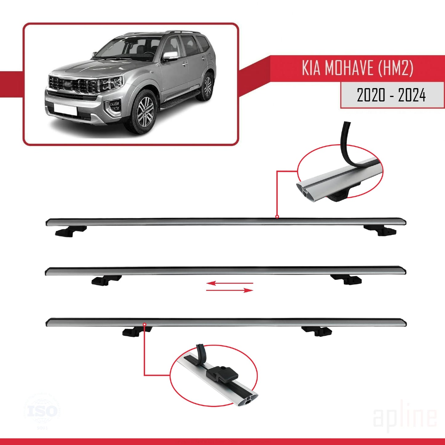 Kompatibel mit Kia Mohave 2 (HM2) 2020-2024 BASIC Model Relingträger Dachträger Auto Gepäckträger Grau Aluminium 2 Stangen