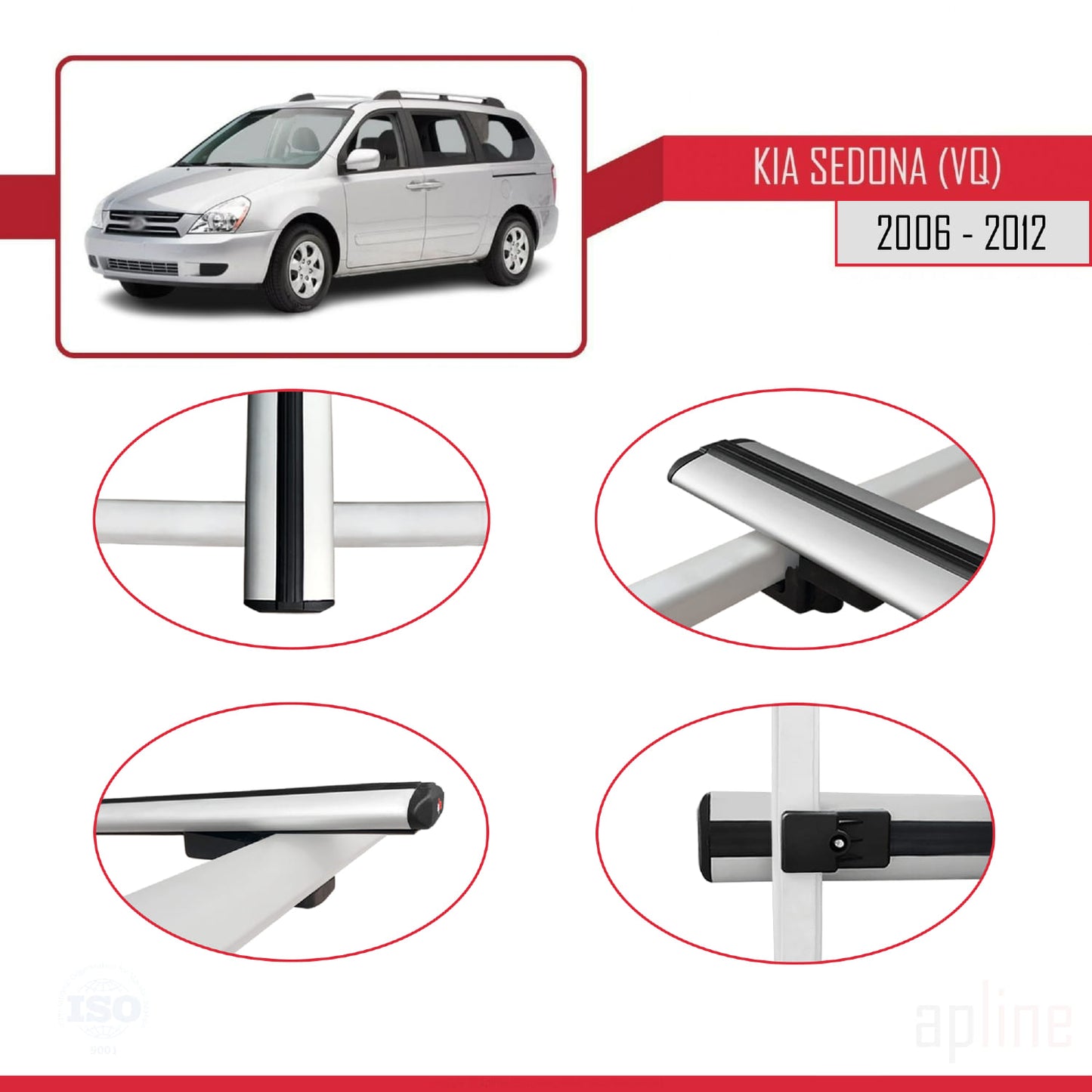 Compatible with Kia Sedona 2 (VQ) 2006-2012 BASIC Model Car Roof Rack Cross Bar Grey Aluminium 3 Bars