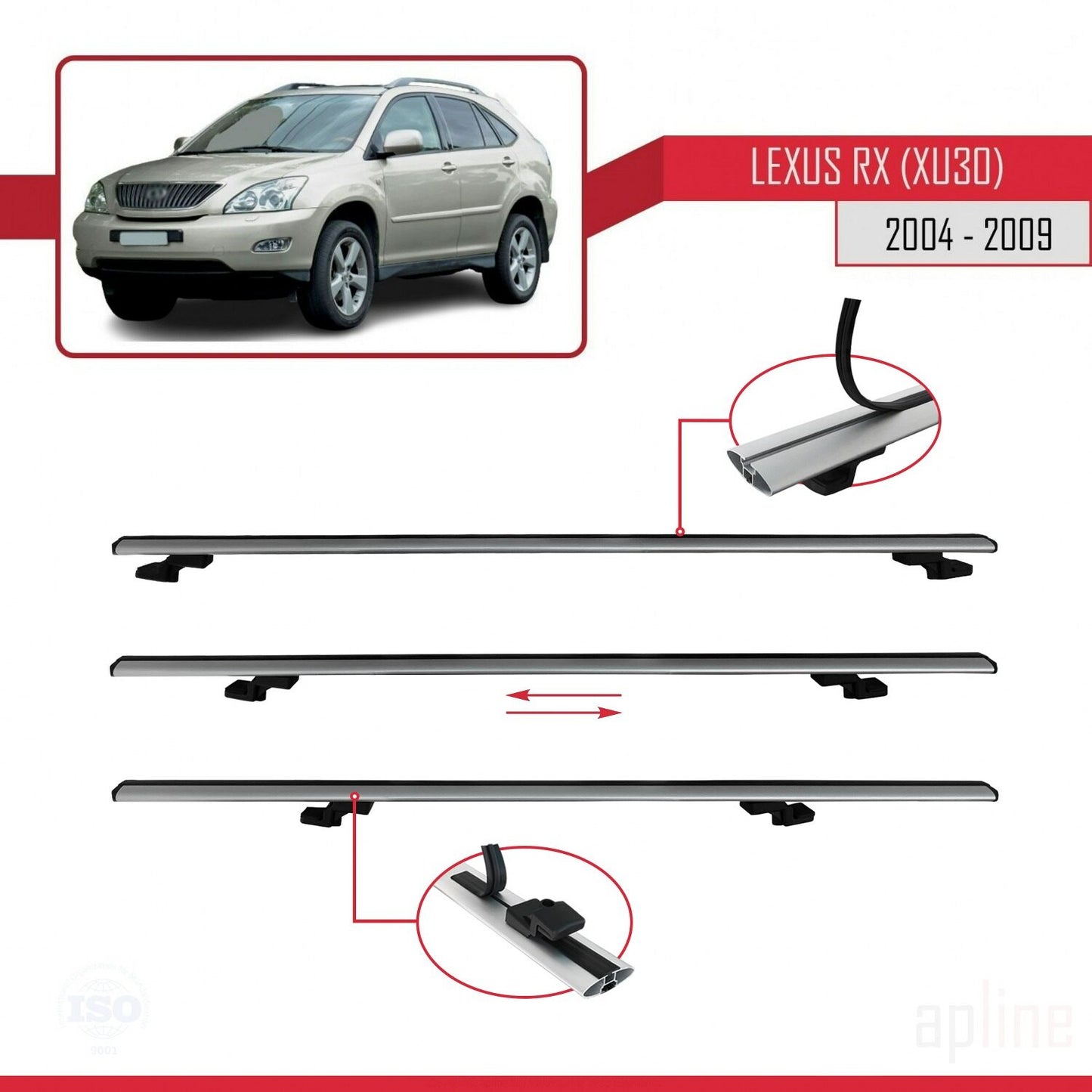 Kompatibel mit Lexus RX 2 (XU30) 2004-2009 BASIC Model Relingträger Dachträger Auto Gepäckträger Grau Aluminium 3 Stangen