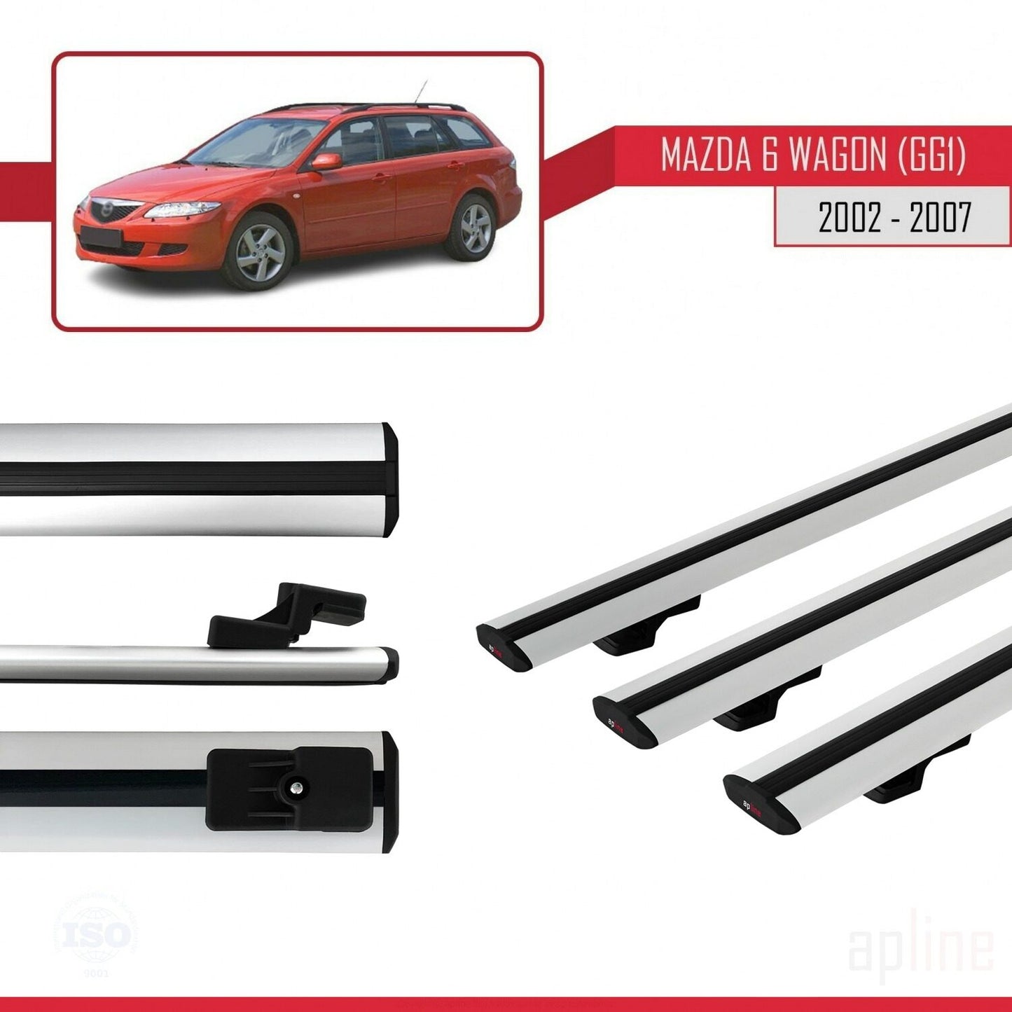 Compatible avec Mazda 6 I (GG1) 2002-2007 BASIC Model Barres de Toit Railing Porte-Bagages de Voiture Gris Aluminium 3 Barres