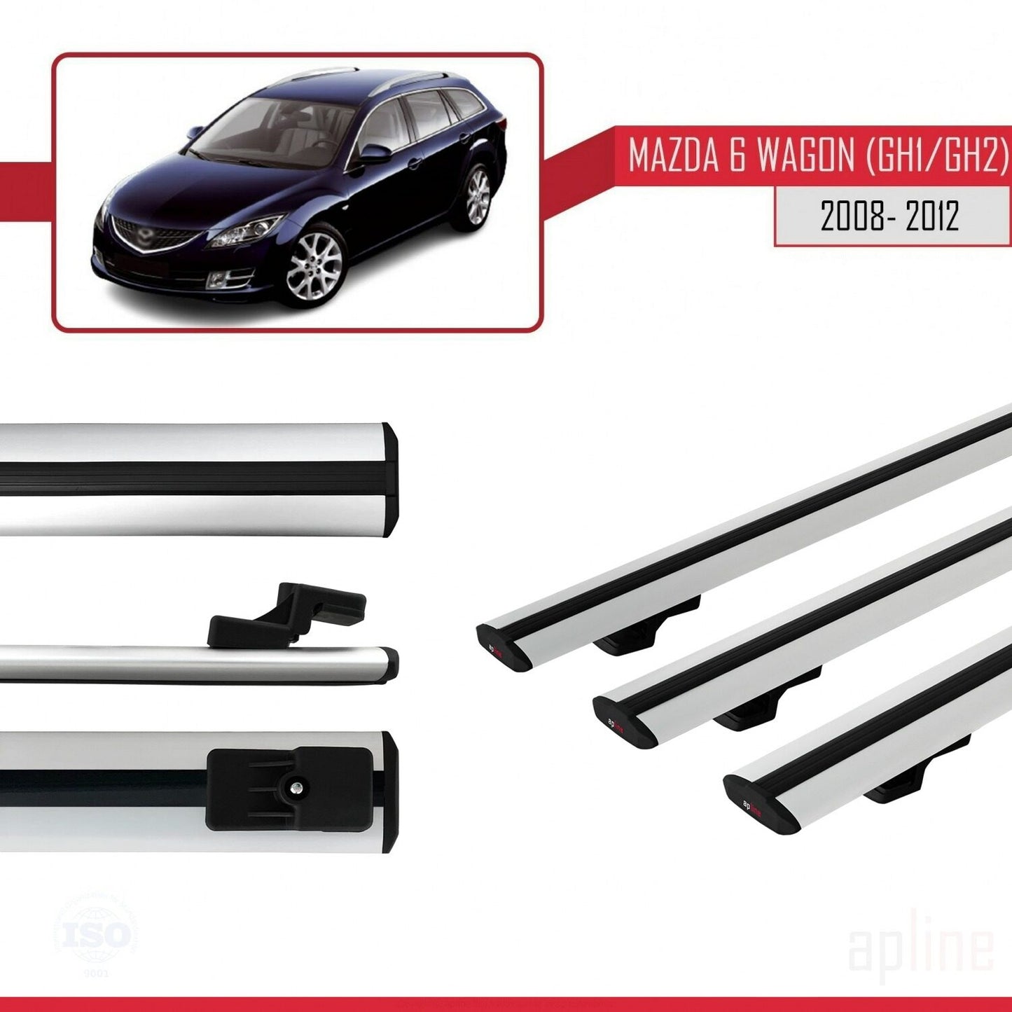 Compatible avec Mazda 6 II (GZ) Wagon 2008-2012 BASIC Model Barres de Toit Railing Porte-Bagages de Voiture Gris Aluminium 3 Barres