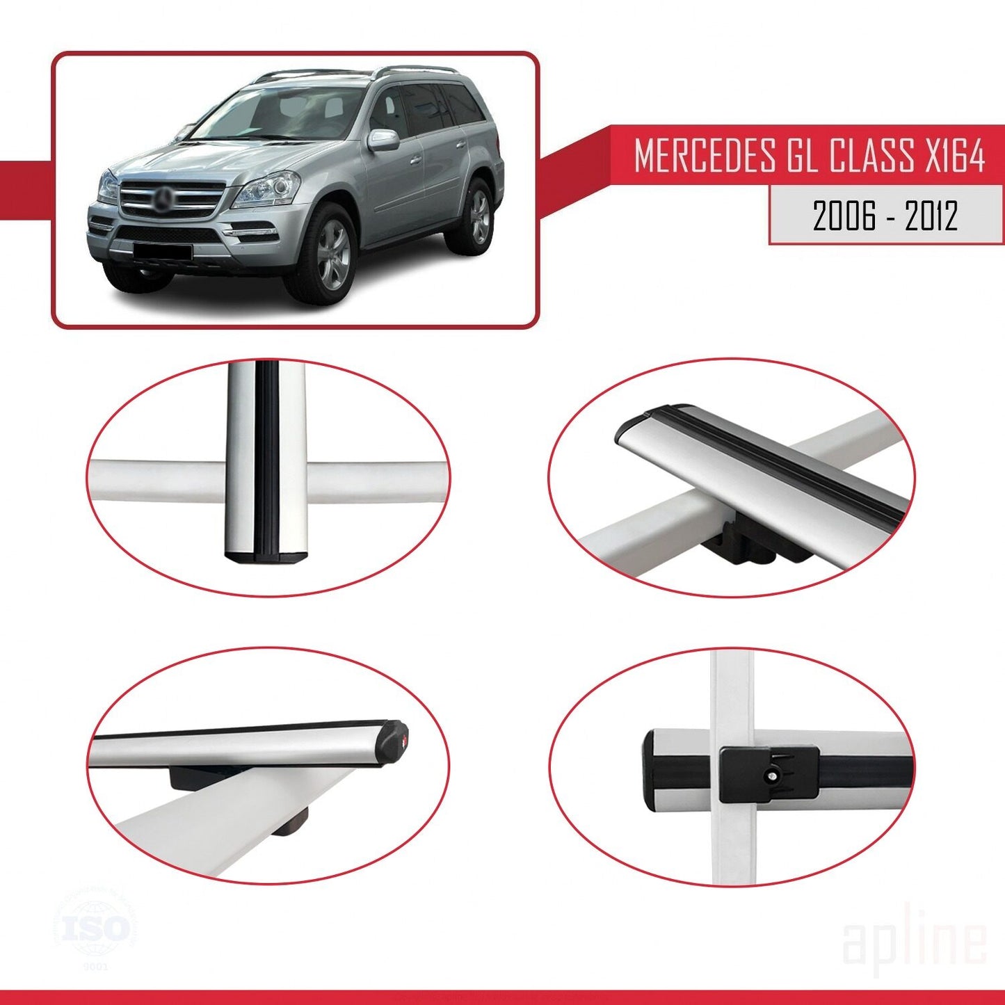 Compatible with Mercedes GL Class (X164) 2006-2012 BASIC Model Car Roof Rack Cross Bar Grey Aluminium 3 Bars